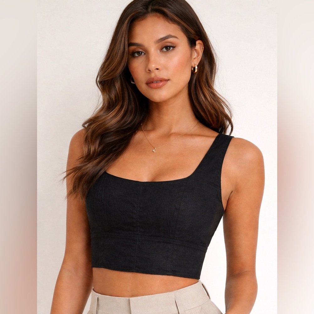 Banana Republic Black Square Neck Crop Top Smocked Adjustable Wide Straps Size 8
